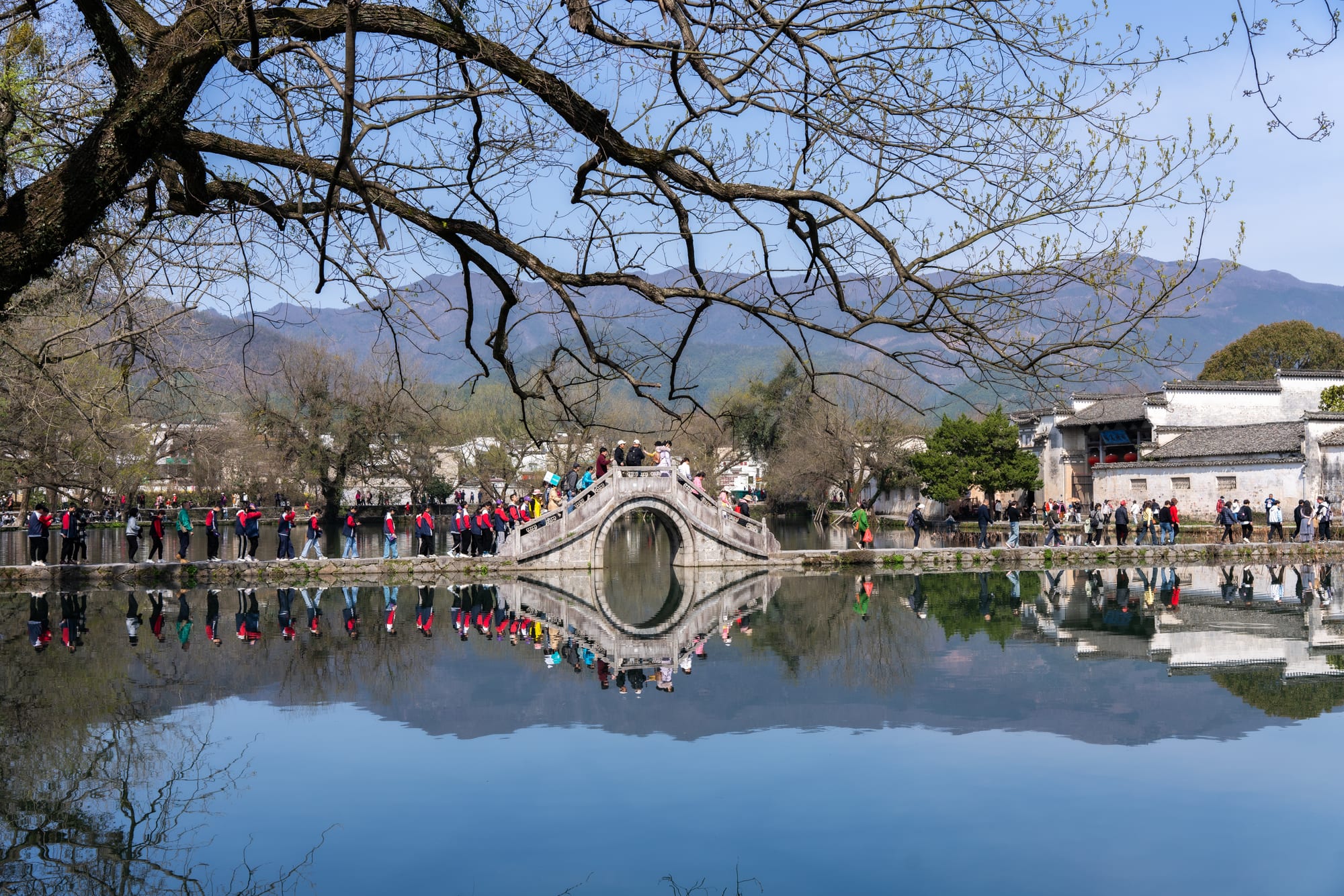 Stone bridge and traditional village buildings in Hongcun