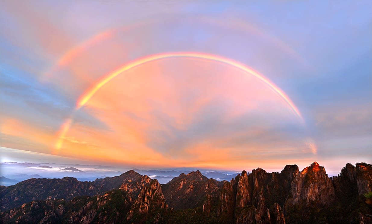 A rainbow above the mountain ridges of Huangshan